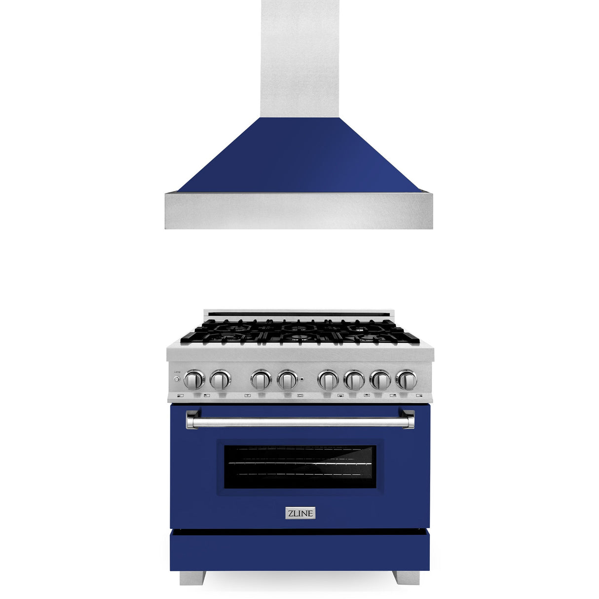 ZLINE 36 in. Kitchen Package with Satin Stainless Steel Dual Fuel Range with Blue Gloss Door and Convertible Vent Range Hood