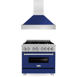 ZLINE 36 in. Kitchen Package with Satin Stainless Steel Dual Fuel Range with Blue Gloss Door and Convertible Vent Range Hood