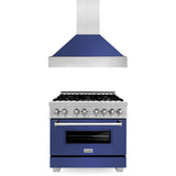 ZLINE 36 in. Kitchen Package with Satin Stainless Steel Dual Fuel Range with Blue Matte Door and Convertible Vent Range Hood