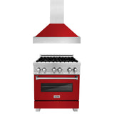 ZLINE 30 in. Kitchen Package with Satin Stainless Steel Dual Fuel Range with Red Gloss Door and Convertible Vent Range Hood