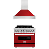 ZLINE 36 in. Kitchen Package with Satin Stainless Steel Dual Fuel Range with Red Gloss Door and Convertible Vent Range Hood