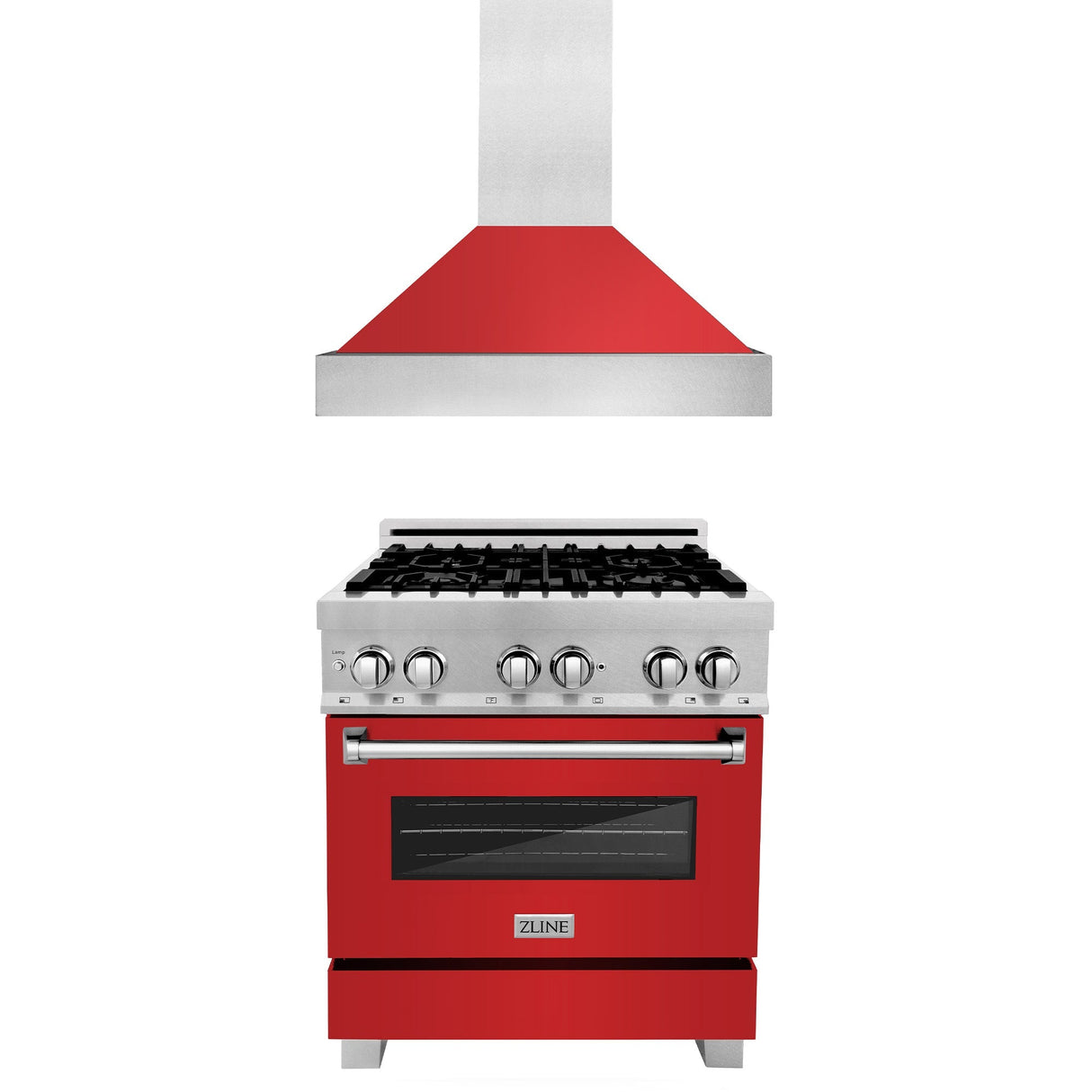 ZLINE 30 in. Kitchen Package with Satin Stainless Steel Dual Fuel Range with Red Matte Door and Convertible Vent Range Hood