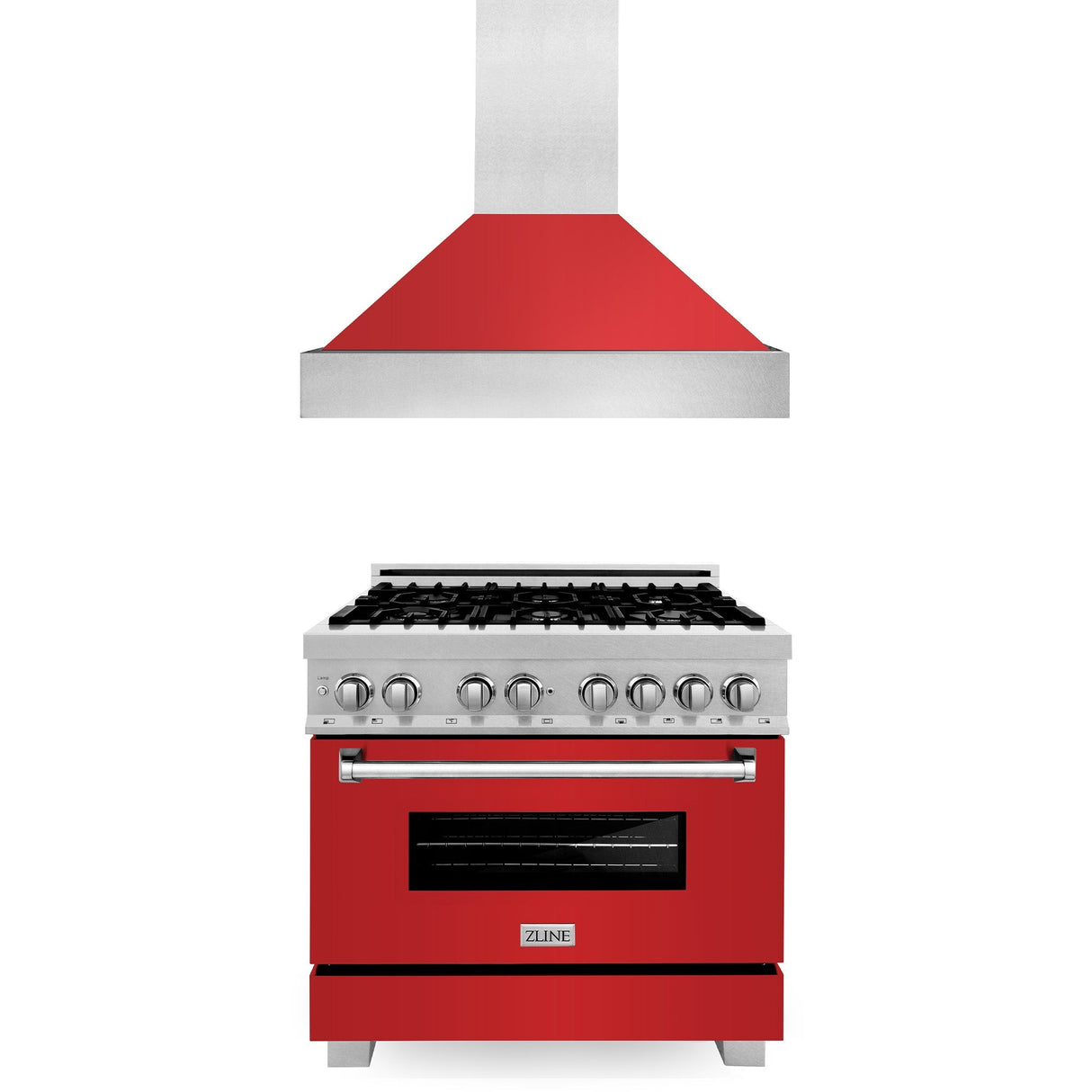 ZLINE 36 in. Kitchen Package with Satin Stainless Steel Dual Fuel Range with Red Matte Door and Convertible Vent Range Hood