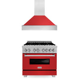 ZLINE 36 in. Kitchen Package with Satin Stainless Steel Dual Fuel Range with Red Matte Door and Convertible Vent Range Hood