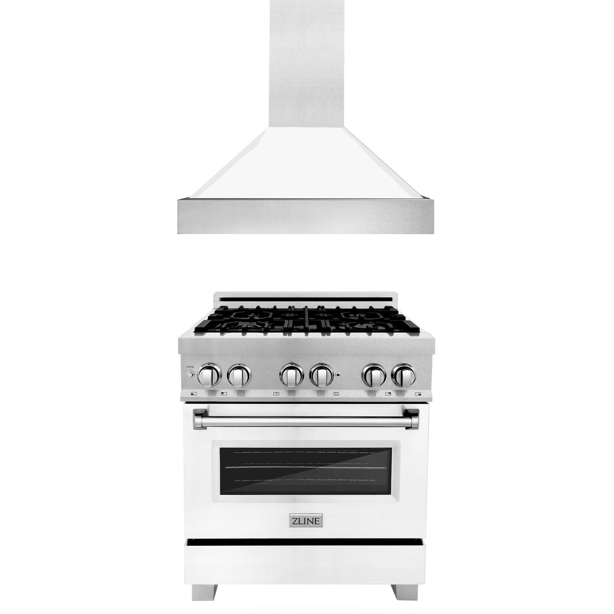 ZLINE 30 in. Kitchen Package with Satin Stainless Steel Dual Fuel Range with White Matte Door and Convertible Vent Range Hood