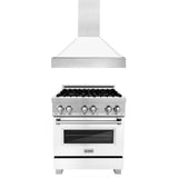 ZLINE 30 in. Kitchen Package with Satin Stainless Steel Dual Fuel Range with White Matte Door and Convertible Vent Range Hood
