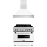 ZLINE 36 in. Kitchen Package with Satin Stainless Steel Dual Fuel Range with White Matte Door and Convertible Vent Range Hood