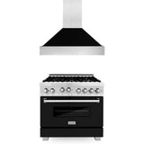 ZLINE 36 in. Kitchen Package with DuraSnow Stainless Steel Gas Range with Black Matte Door and Convertible Vent Range Hood (2KP-RGSBLMRH36)