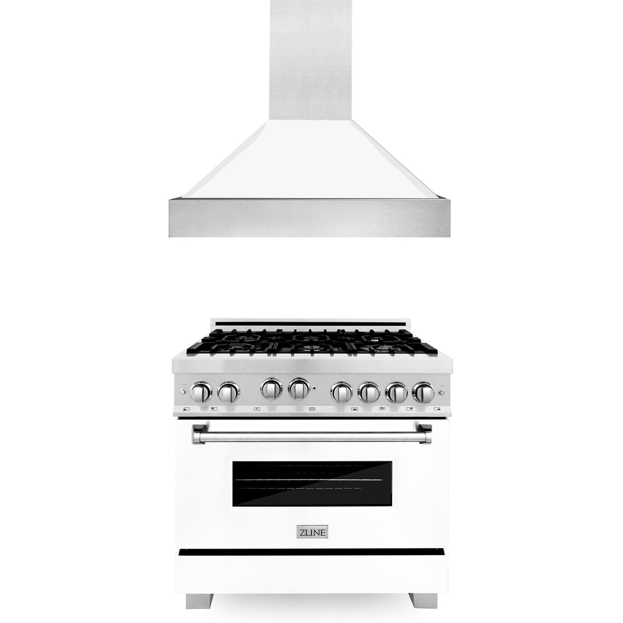 ZLINE 36 in. Kitchen Package with DuraSnow Stainless Steel Gas Range with White Matte Door and Convertible Vent Range Hood (2KP-RGSWMRH36)
