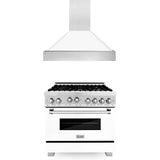 ZLINE 36 in. Kitchen Package with DuraSnow Stainless Steel Gas Range with White Matte Door and Convertible Vent Range Hood (2KP-RGSWMRH36)