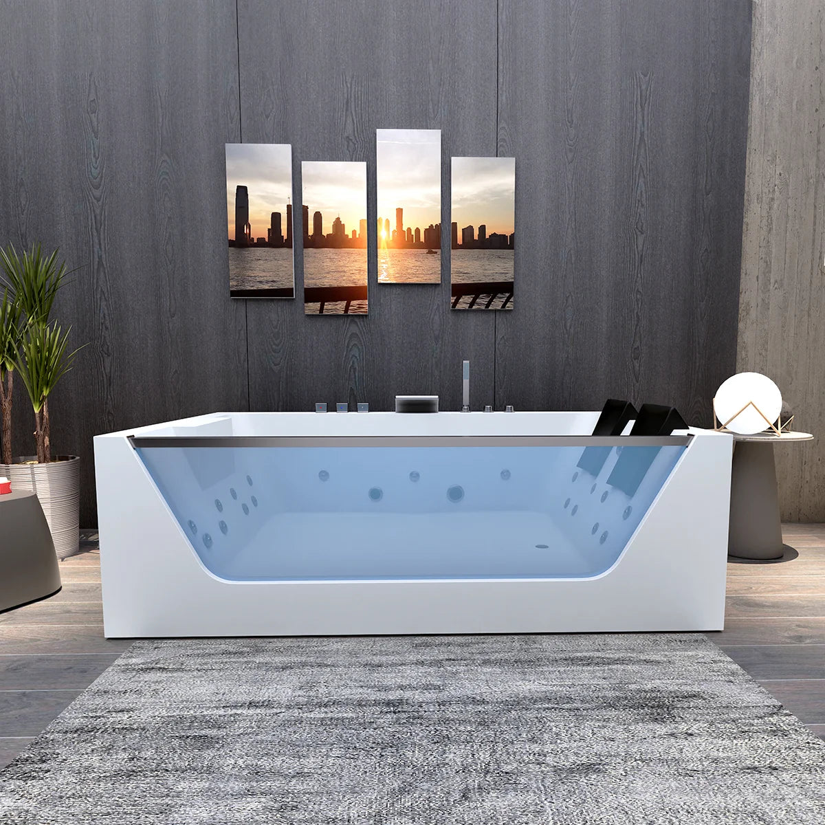 71 in. Freestanding Whirlpool Bathtub for 2 Person, with 19 Jets for Hydro-massage, Chromotherapy Lights & Tub Filler & Shower, 110v, Side Drain