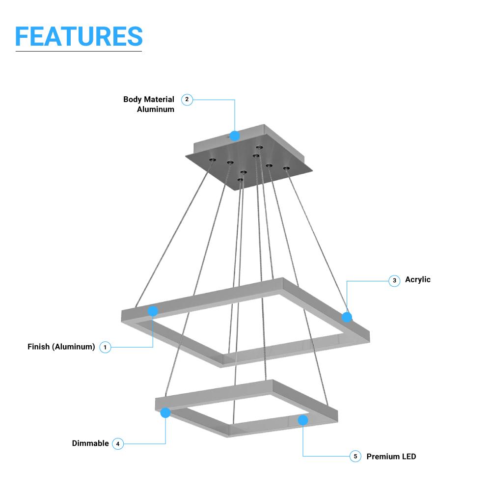 LED Pendant Light Fixture, Square, Double Ring, Dimmable, 3000K (Warm White) (P3111-53F)