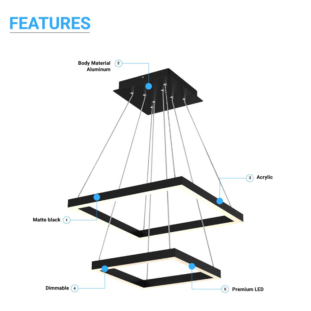 LED Pendant Light Fixture, Square, Double Ring, Dimmable, 3000K (Warm White) (P3111-53F)