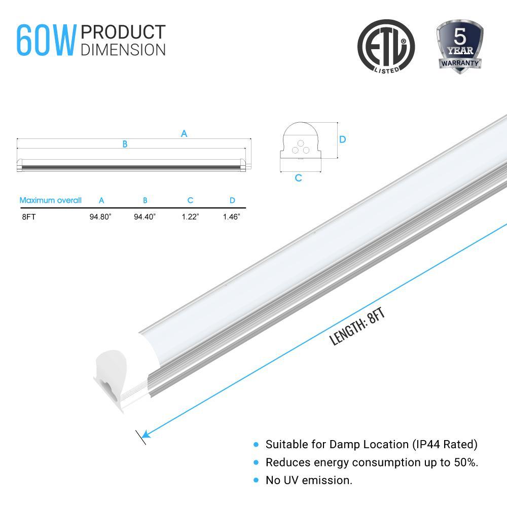 60W 8ft LED Tube Integrated Lights - 5000k; V - Shaped Frosted - 50,000 Life Hours - 5 Years Warranty - BUILDMYPLACE