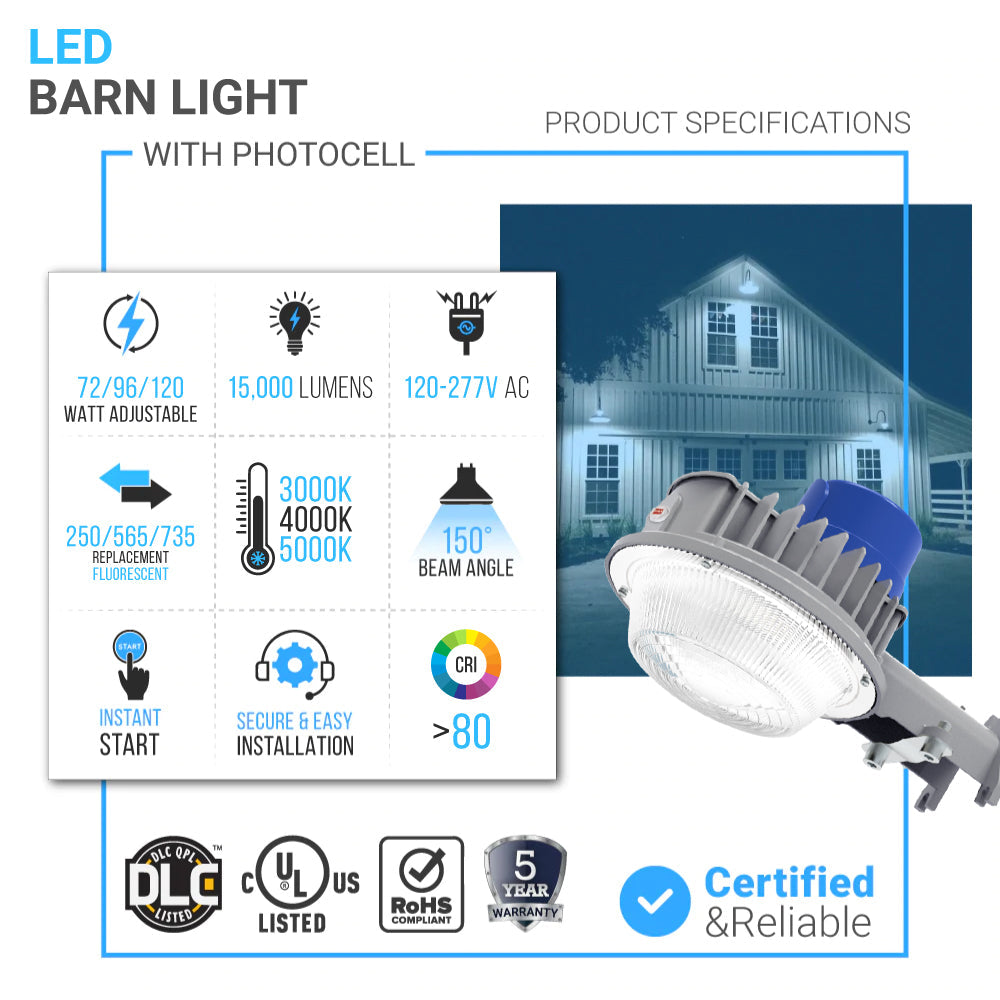 LED Barn Light w/ 3-pin NEMA Photocell, 72/96/120 Wattage Adjustable & 3000K/4000K/5000K CCT Tunable, 120-277V, Dusk to Dawn IP65 Waterproof