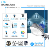 LED Barn Light w/ 3-pin NEMA Photocell, 72/96/120 Wattage Adjustable & 3000K/4000K/5000K CCT Tunable, 120-277V, Dusk to Dawn IP65 Waterproof