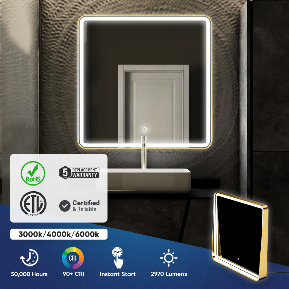 LED Lighted Bathroom Vanity Mirror With Shelf, Wall-Mounted, Touch Switch,  Anti-Fog Adjustable Color Temperature & Remembrance, CRI 90+, Lighted Makeup Mirrors, Raven Style