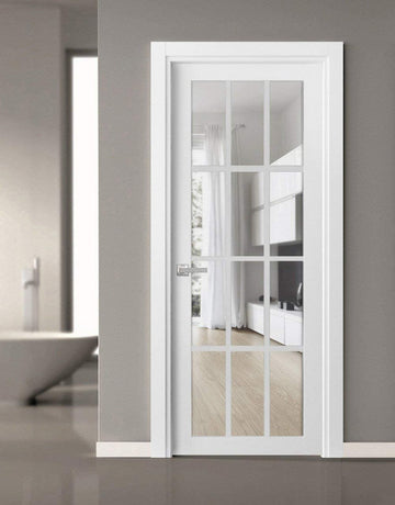 Solid French Door Clear Glass 12 lites | Felicia 3355 White Silk | Single Regular Panel Frame Trims Handle | Bathroom Bedroom Sturdy Doors
