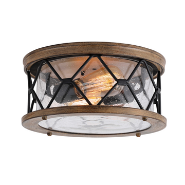 2-Light Flush Mount Ceiling Light - Modern Industrial Ceiling Light Fixture for Kitchen Hallway Bedroom, Matt Black+Wood Finish with Seeded Glass Cover