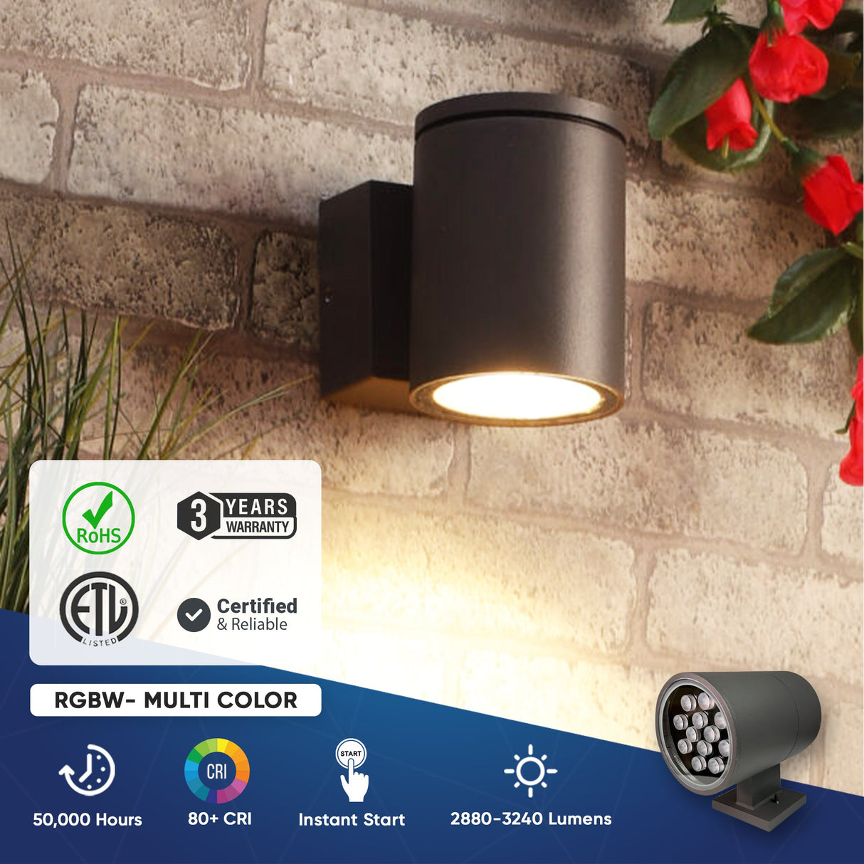 LED Outdoor Single Sided Light With Remote, RGBW, Cylinder, 36W, AC100-277V, IP65, ETL CE RoSH Approval, Outdoor Wall Lights