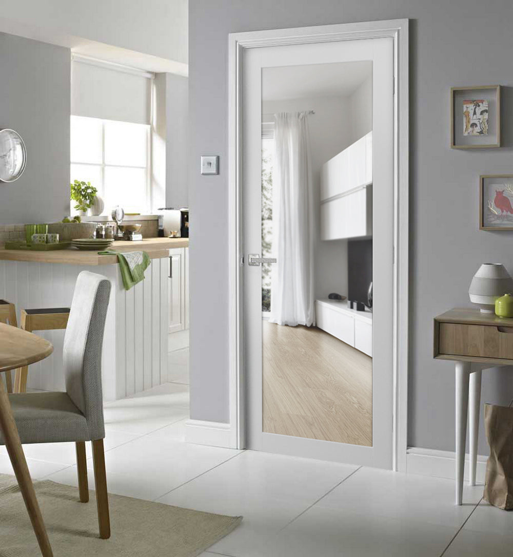 Solid French Door | Lucia 2166 White Silk with Clear Glass | Single Regular Panel Frame Trims Handle | Bathroom Bedroom Sturdy Doors