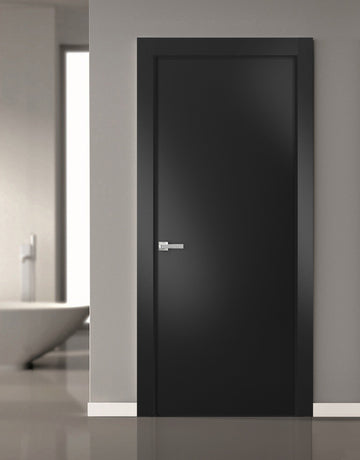 Modern Solid Interior Door with Handle | Planum 0010 Matte Black | Single Regural Panel Frame Trims | Bathroom Bedroom Sturdy Doors