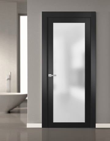 Solid French Door | Planum 2102 Matte Black with Frosted Glass | Wood Solid Panel Frame Trims | Closet Bedroom Sturdy Doors