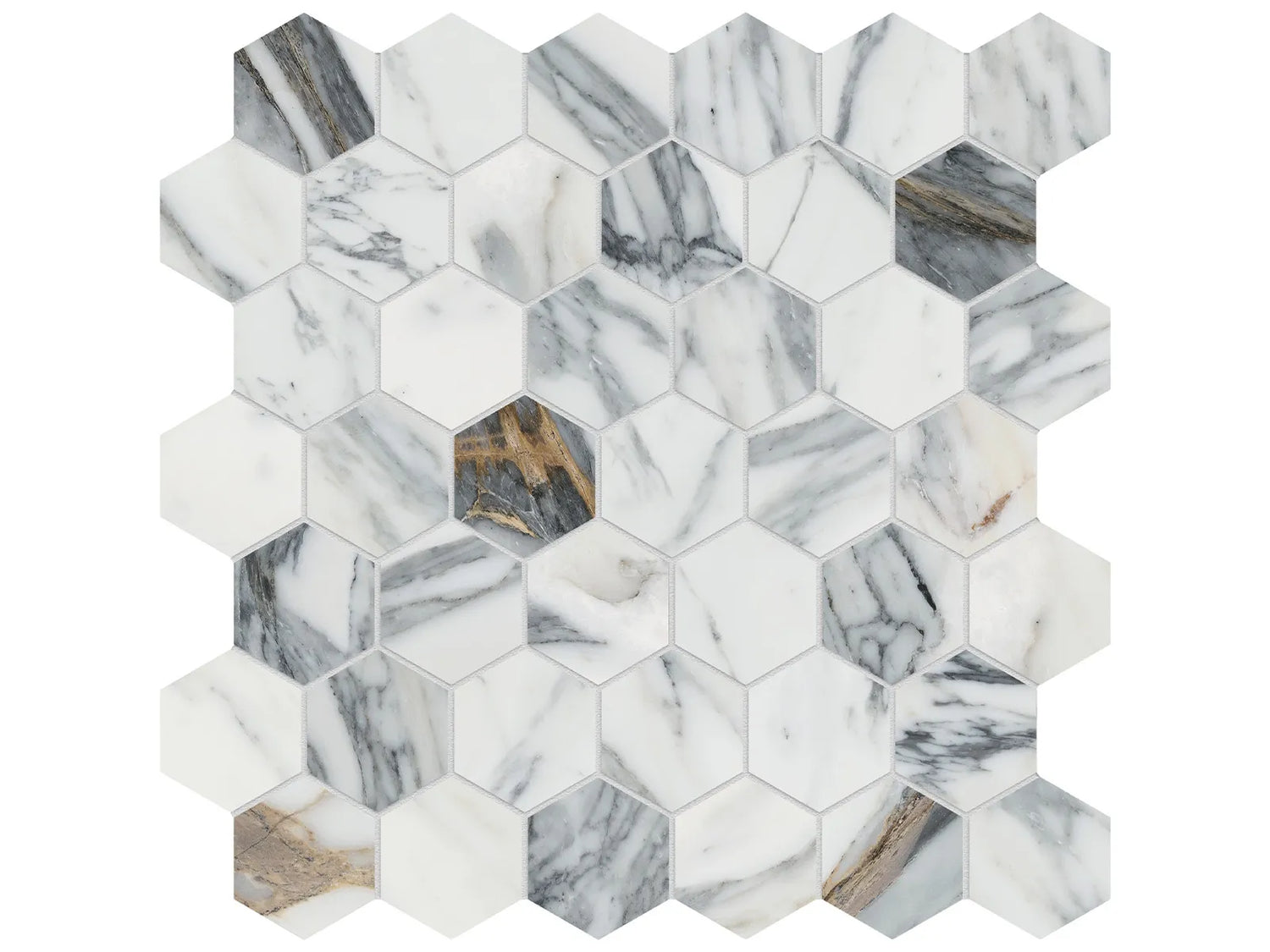 2 in Majesto Calacatta Corchia Hexagon Honed Colorsync Porcelain Mosaic