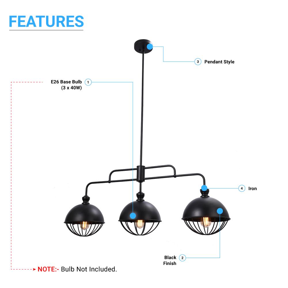 3 - Light Island Pendant Light Fixture, Black Finish, E26 Base - BUILDMYPLACE