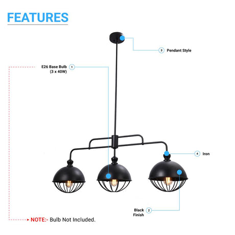 3 - Light Island Pendant Light Fixture, Black Finish, E26 Base - BUILDMYPLACE