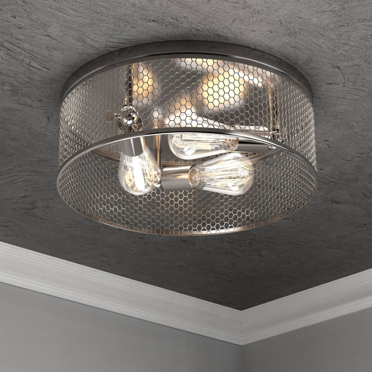 3 - Lights Cage Style Flush Mount Fixture, Drum Shape, E26 Base, UL Listed, 3 Years Warranty - BUILDMYPLACE