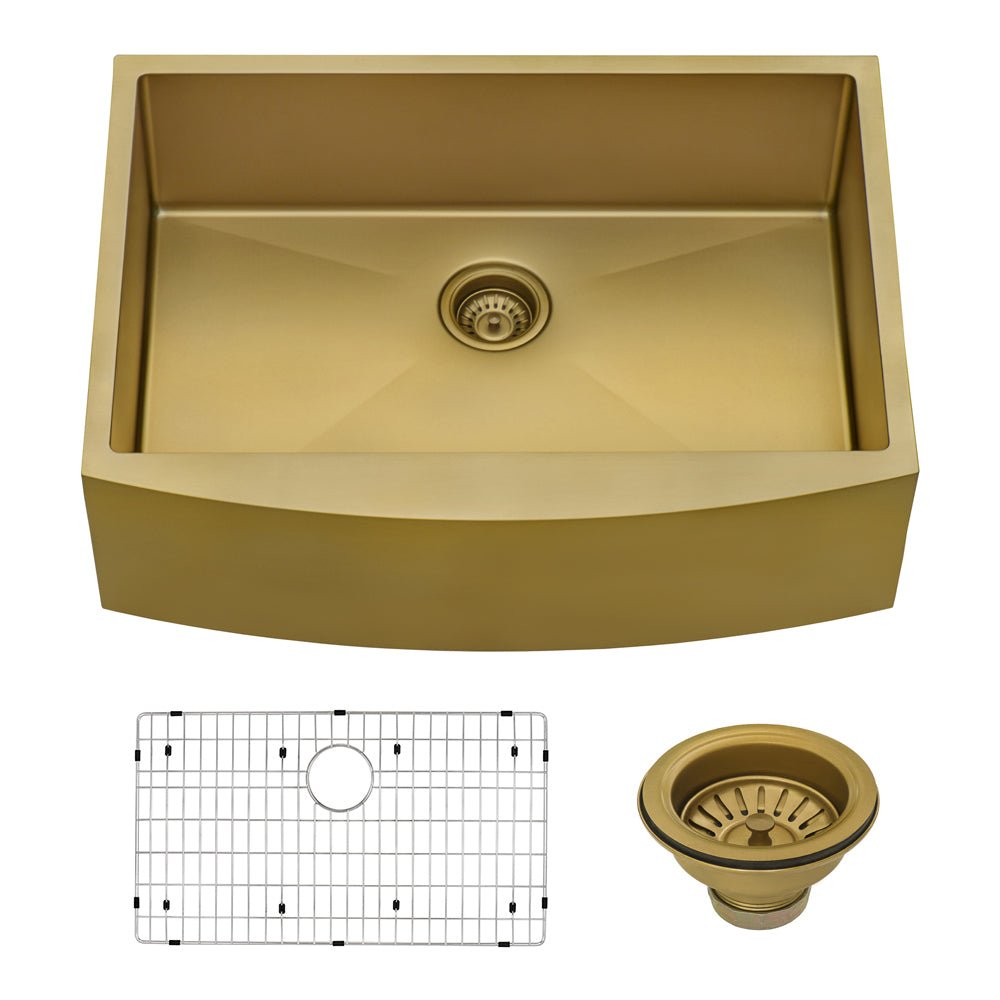 30 - inch Apron - Front Farmhouse Kitchen Sink - Brass Tone Matte Gold Stainless Steel Single Bowl - BUILDMYPLACE