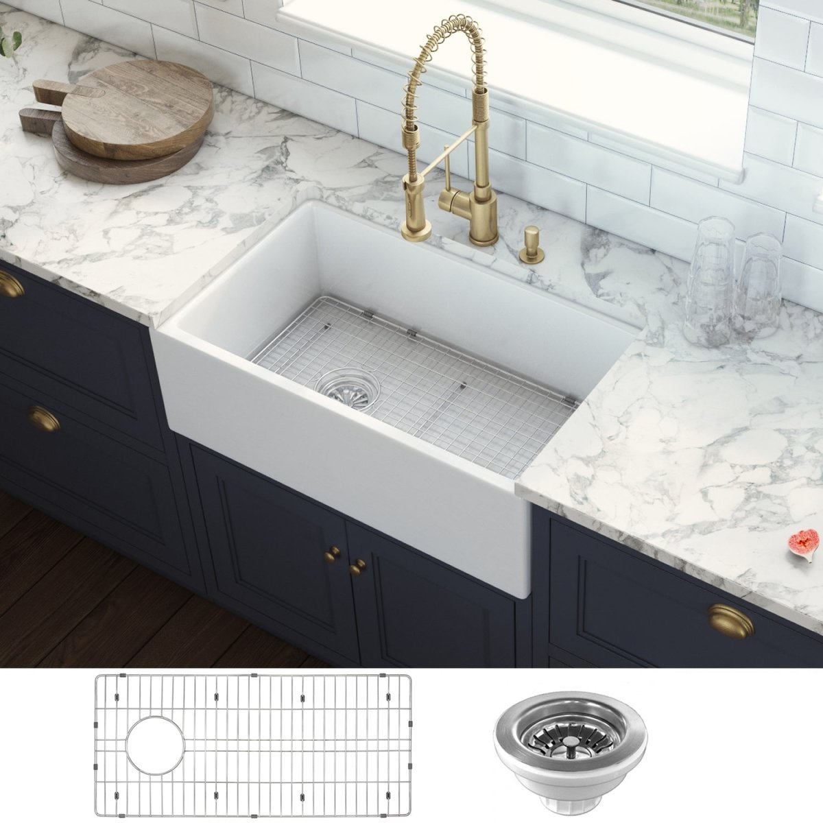 30 - inch Fireclay Farmhouse Offset Drain Kitchen Sink Single Bowl White - BUILDMYPLACE