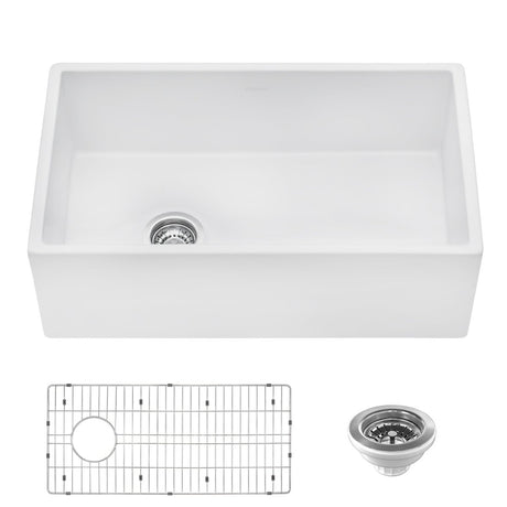 30 - inch Fireclay Farmhouse Offset Drain Kitchen Sink Single Bowl White - BUILDMYPLACE