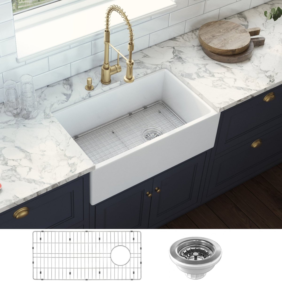 30 - inch Fireclay Farmhouse Offset Drain Kitchen Sink Single Bowl White - BUILDMYPLACE