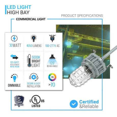 30 Watt LED Explosion Proof Jelly Jar Light, G Series, Dimmable, 5000K, 4050LM, AC100 - 277V, IP66, Hazardous Location Lighting Fixtures - BUILDMYPLACE