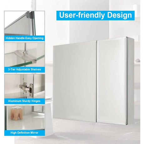 30 x 26 Inches Frameless Medicine Cabinet with Mirror, Double Sided Mirror, 2 Doors 3 - Adjustable Shelves, Large&Small Door Design, Soft - Closing, Surface Mount or Recessed Medicine Cabinets for Bathroom, Bedroom, Hotel - BUILDMYPLACE