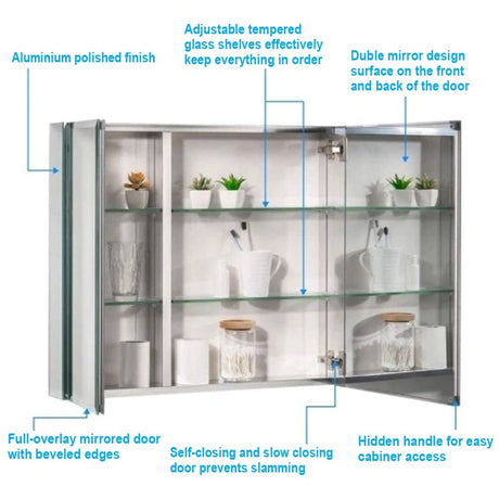 30 x 26 Inches Frameless Medicine Cabinet with Mirror, Double Sided Mirror, 2 Doors 3 - Adjustable Shelves, Large&Small Door Design, Soft - Closing, Surface Mount or Recessed Medicine Cabinets for Bathroom, Bedroom, Hotel - BUILDMYPLACE