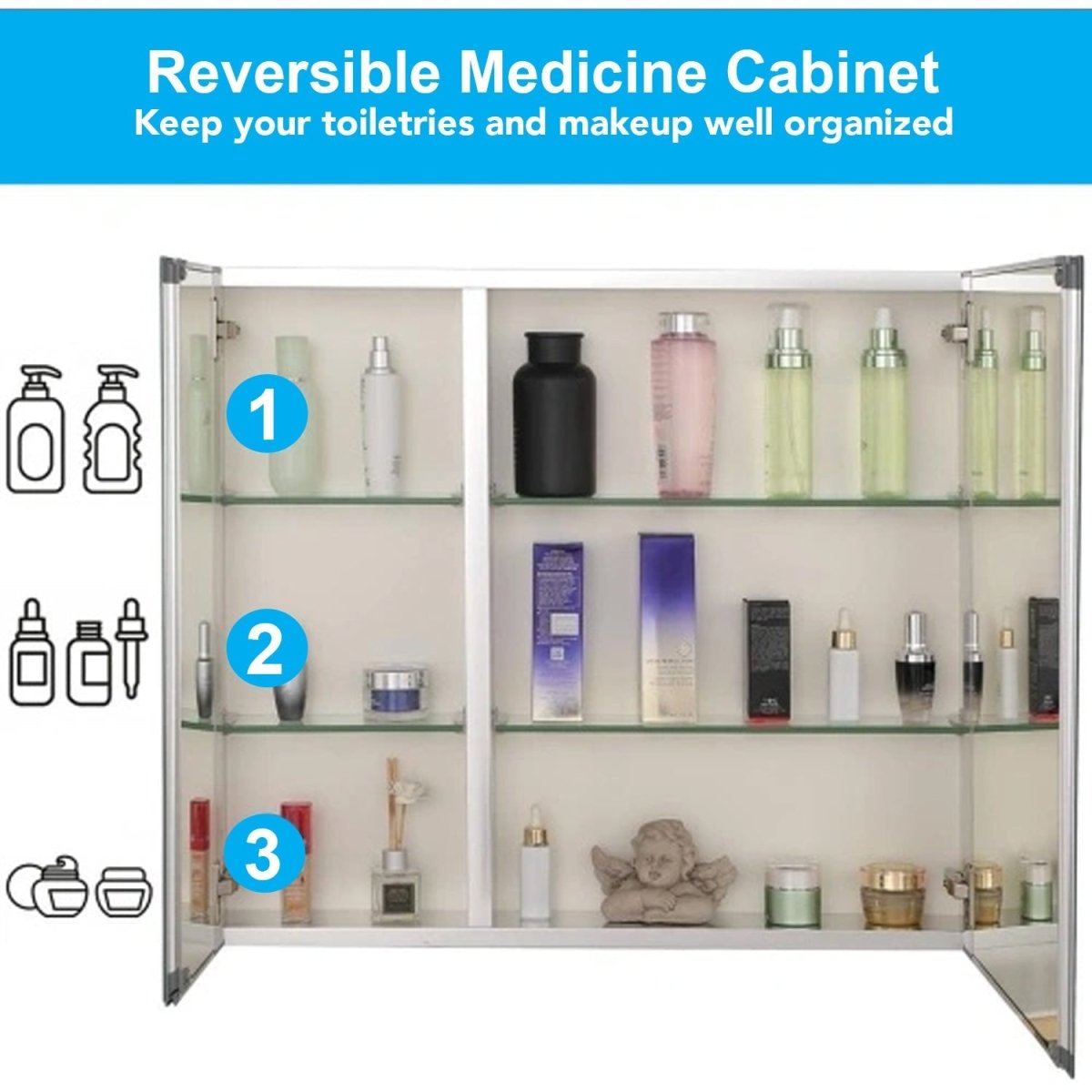 30 x 26 Inches Frameless Medicine Cabinet with Mirror, Double Sided Mirror, 2 Doors 3 - Adjustable Shelves, Large&Small Door Design, Soft - Closing, Surface Mount or Recessed Medicine Cabinets for Bathroom, Bedroom, Hotel - BUILDMYPLACE