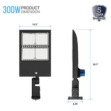 300 Watt LED Pole Light With Photocell, 5700K, Universal Mount, AC100 - 277V, Black, 42000 Lumens, Dusk to Dawn Light - LED Parking Lot Lights - BUILDMYPLACE