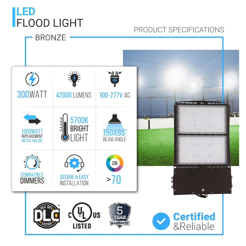 300W LED Flood Light - Dimmable - IP65 - Bronze Finish - 42000 Lumens - 5700K - DLC Listed LED Flood Lamp - BUILDMYPLACE