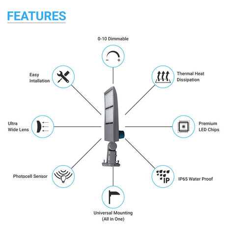 300W LED Pole Light With Photocell, Silver, 5700K, 1050W equivalent; Universal Mount ; AC100 - 277V; 42000 Lumens, Dusk to Dawn Light - LED Parking Lot Lights - BUILDMYPLACE