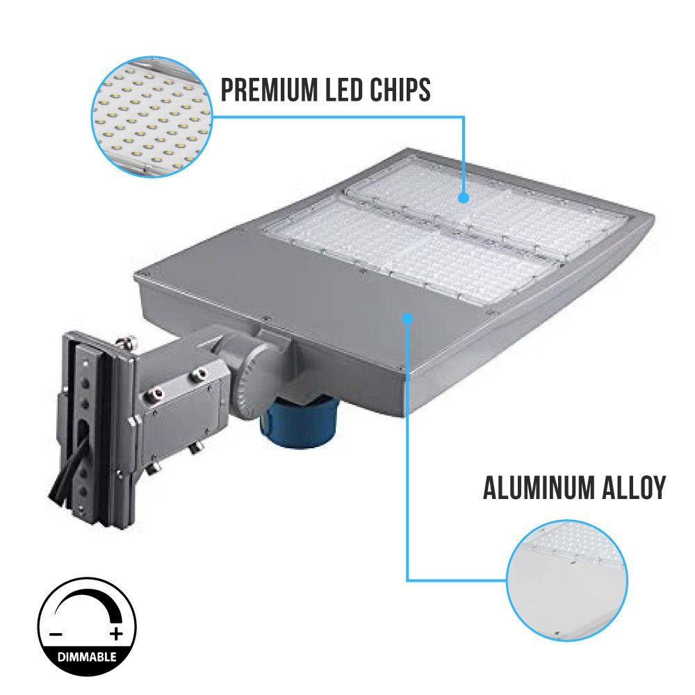 300W LED Pole Light With Photocell, Silver, 5700K, 1050W equivalent; Universal Mount ; AC100 - 277V; 42000 Lumens, Dusk to Dawn Light - LED Parking Lot Lights - BUILDMYPLACE