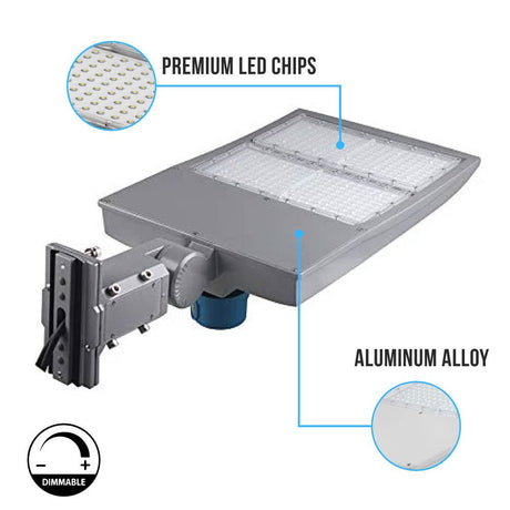 300W LED Pole Light With Photocell, Silver, 5700K, 1050W equivalent; Universal Mount ; AC100 - 277V; 42000 Lumens, Dusk to Dawn Light - LED Parking Lot Lights - BUILDMYPLACE