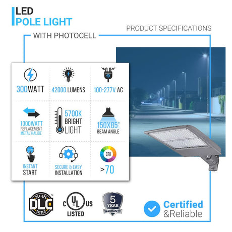 300W LED Pole Light With Photocell, Silver, 5700K, 1050W equivalent; Universal Mount ; AC100 - 277V; 42000 Lumens, Dusk to Dawn Light - LED Parking Lot Lights - BUILDMYPLACE