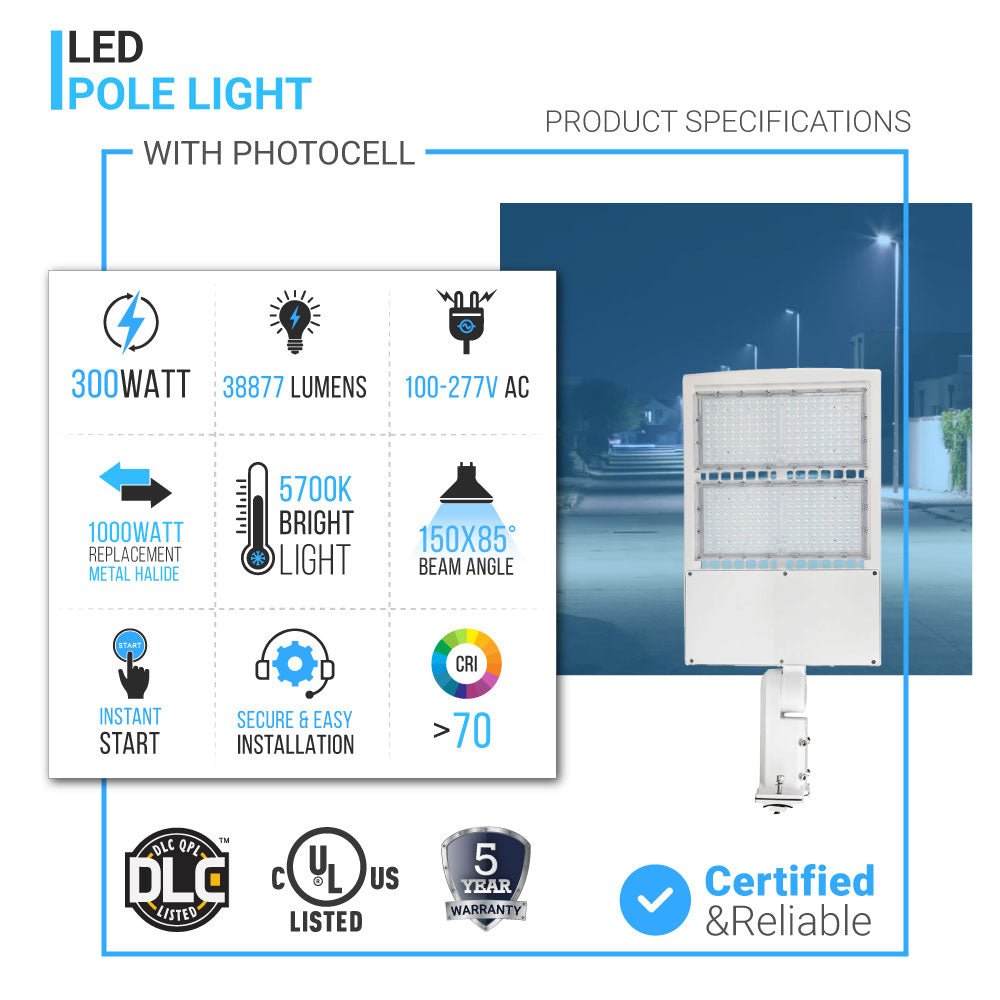 300W LED Pole Light With Photocell, White, 5700K, Equals 1050 Watt, Universal Mount, AC100 - 277V, Outdoor Area Lighting - LED Parking Lot Lights - BUILDMYPLACE