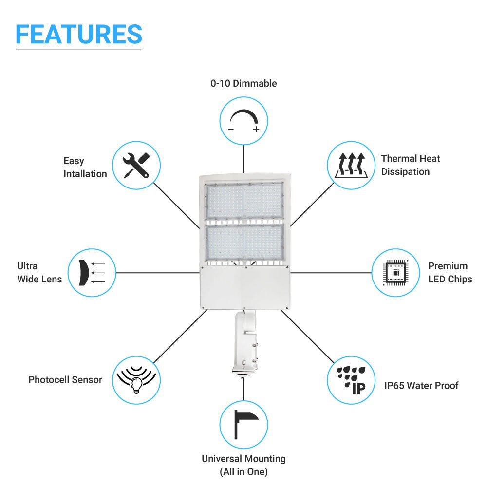 300W LED Pole Light With Photocell, White, 5700K, Equals 1050 Watt, Universal Mount, AC100 - 277V, Outdoor Area Lighting - LED Parking Lot Lights - BUILDMYPLACE