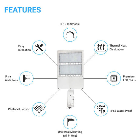 300W LED Pole Light With Photocell, White, 5700K, Equals 1050 Watt, Universal Mount, AC100 - 277V, Outdoor Area Lighting - LED Parking Lot Lights - BUILDMYPLACE