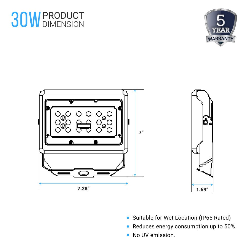 30W LED Flood Light - 100W Equivalent - Flood Mount - 3750 Lumens - 5700K Bronze Finish Exterior Security Lights - BUILDMYPLACE