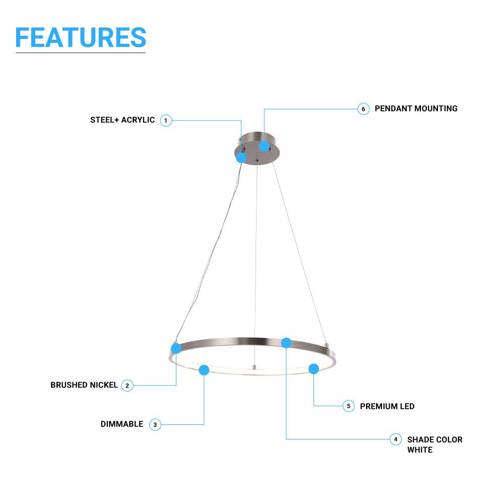 30W Round LED Pendant Light, Brushed Nickel Finish, Dimmable, 3000K (Warm White), 2900 Lumens, ETL Listed - BUILDMYPLACE